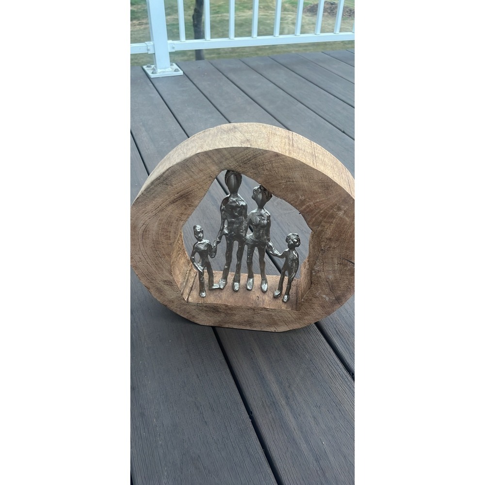 Rustic Family of Four Metal Sculpture in Natural Wood Frame Home Decor Statue